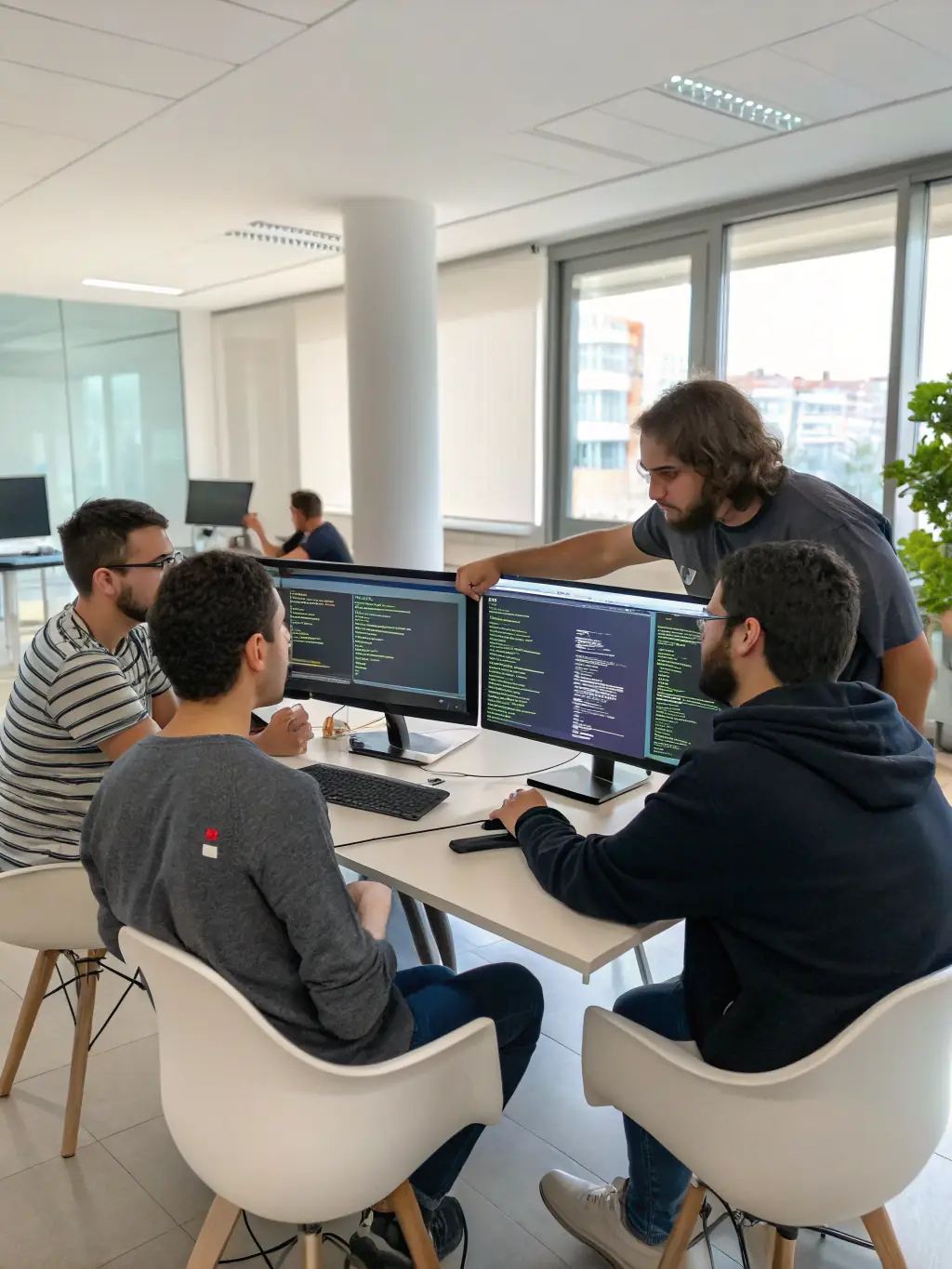 A team of developers collaborating on a software project with code on screens and design sketches, representing Softlydev's custom software development expertise.