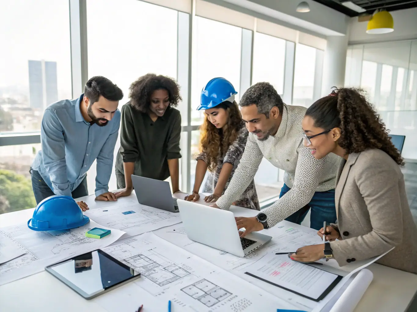 An image depicting a diverse team of IT professionals collaborating in a modern office environment, symbolizing Softlydev's collaborative and innovative approach to problem-solving.