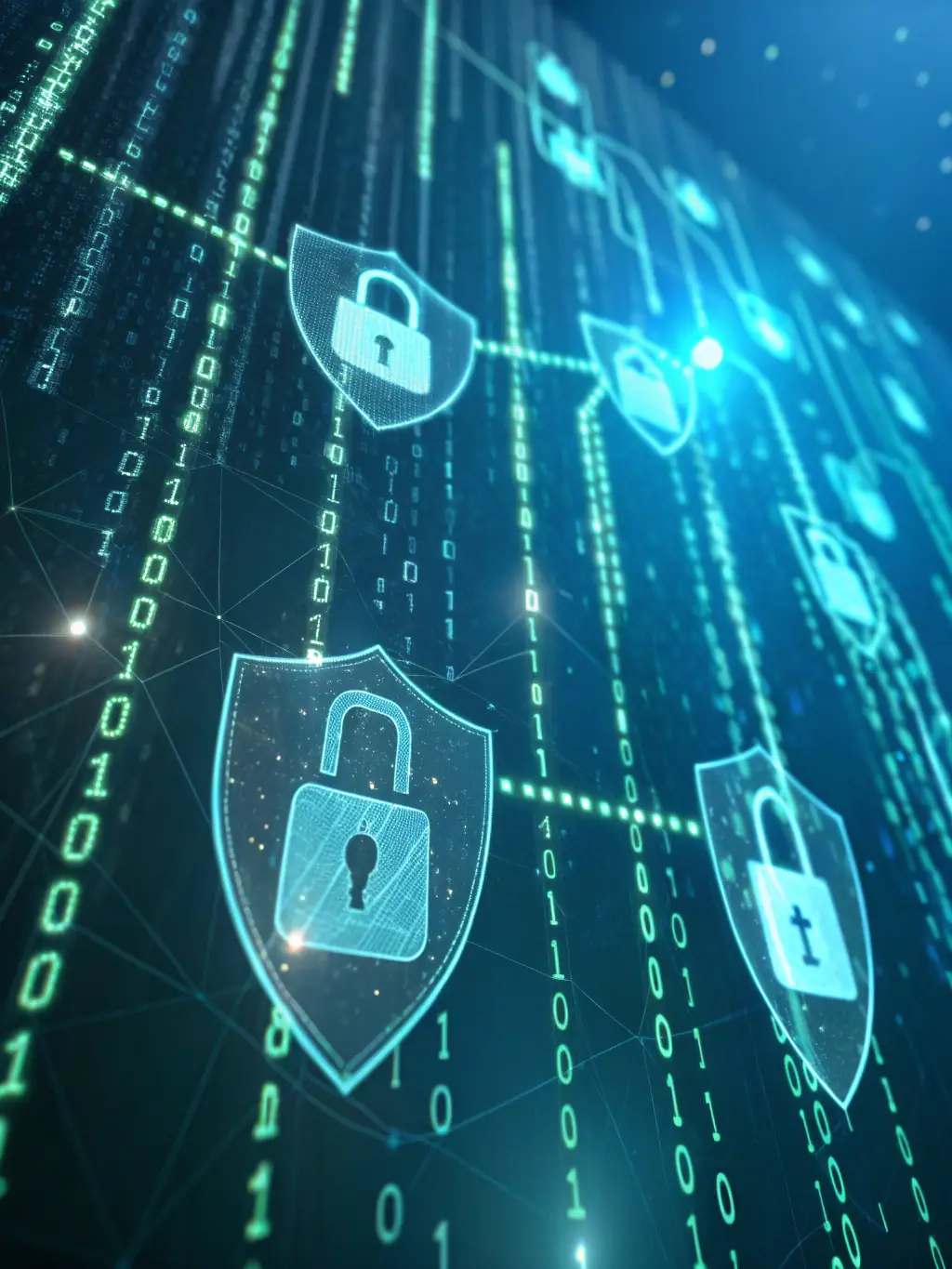 A shield icon overlaying a digital network, symbolizing security and representing Softlydev's cybersecurity solutions.