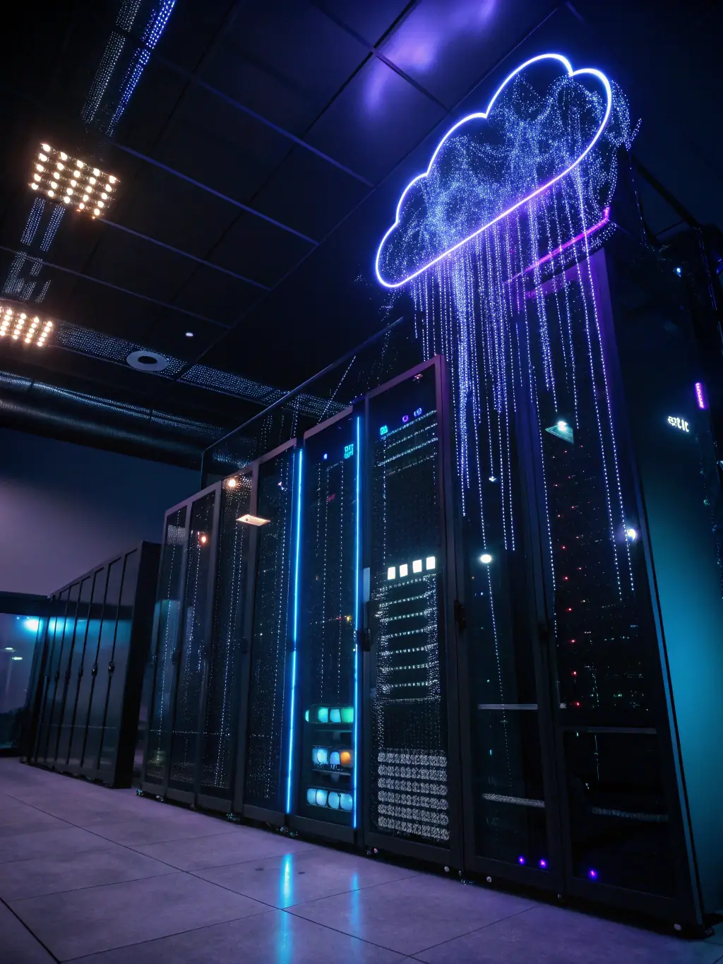 A cloud infrastructure diagram with interconnected servers and data flow visuals, illustrating Softlydev's cloud computing services.