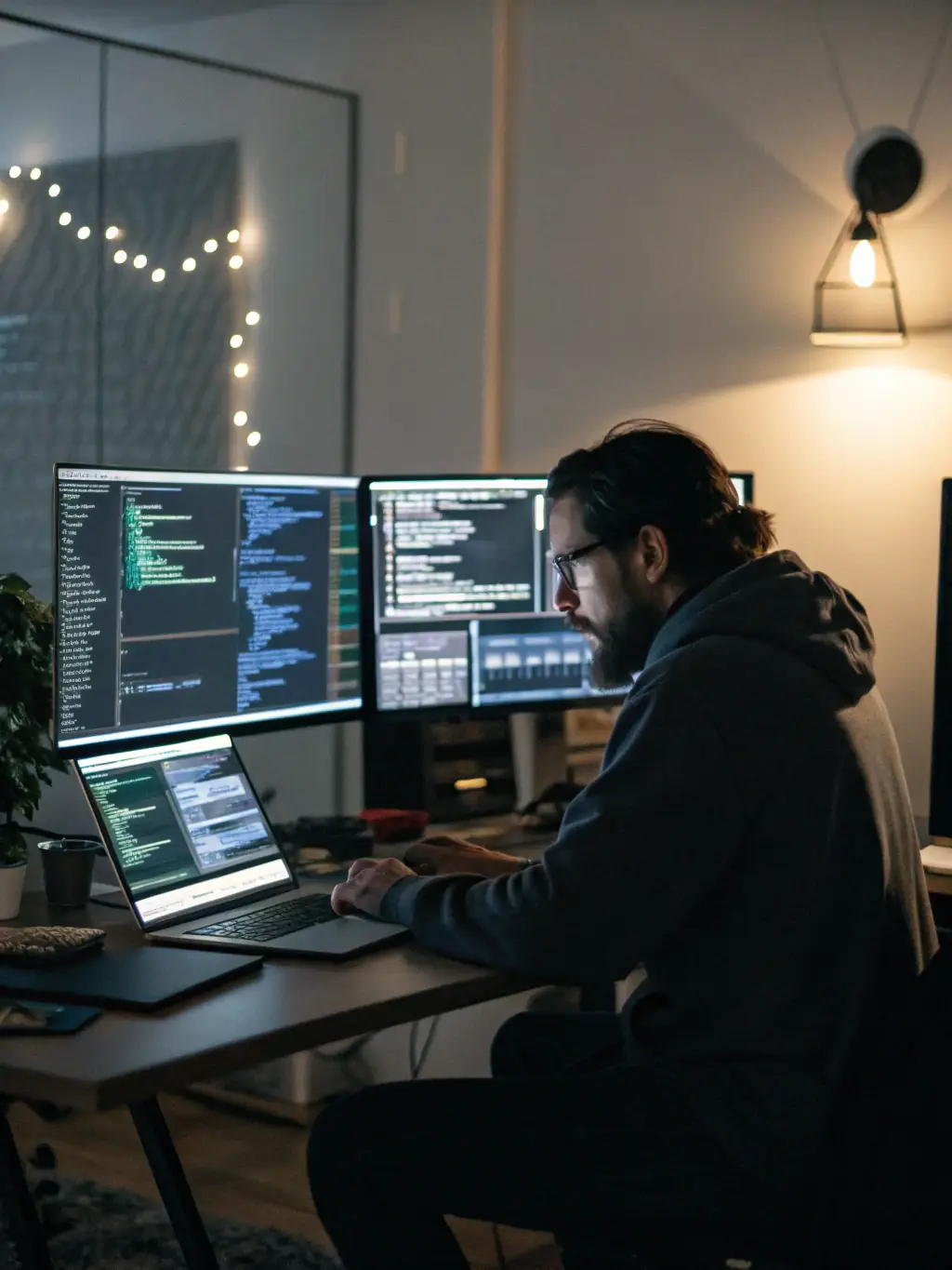 A team monitoring deployment pipelines on multiple screens with automation tools, showcasing Softlydev's DevOps expertise.