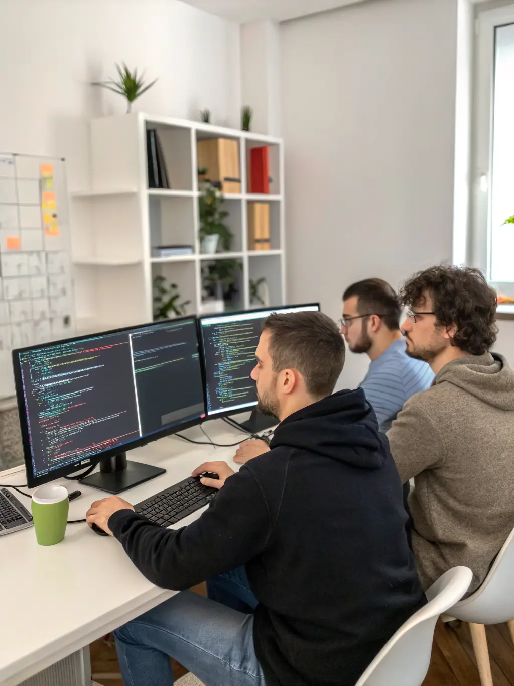 A team of Softlydev developers collaborating on custom software code, showcasing their expertise and dedication to creating tailored solutions for clients.