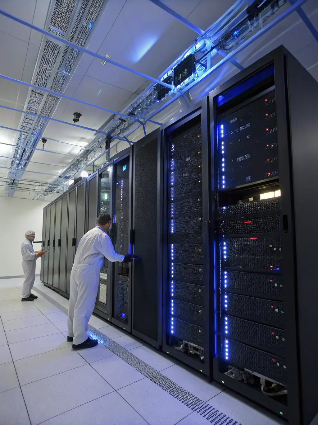 A secure cloud data center with servers and networking equipment, symbolizing Softlydev's expertise in cloud computing and data management.